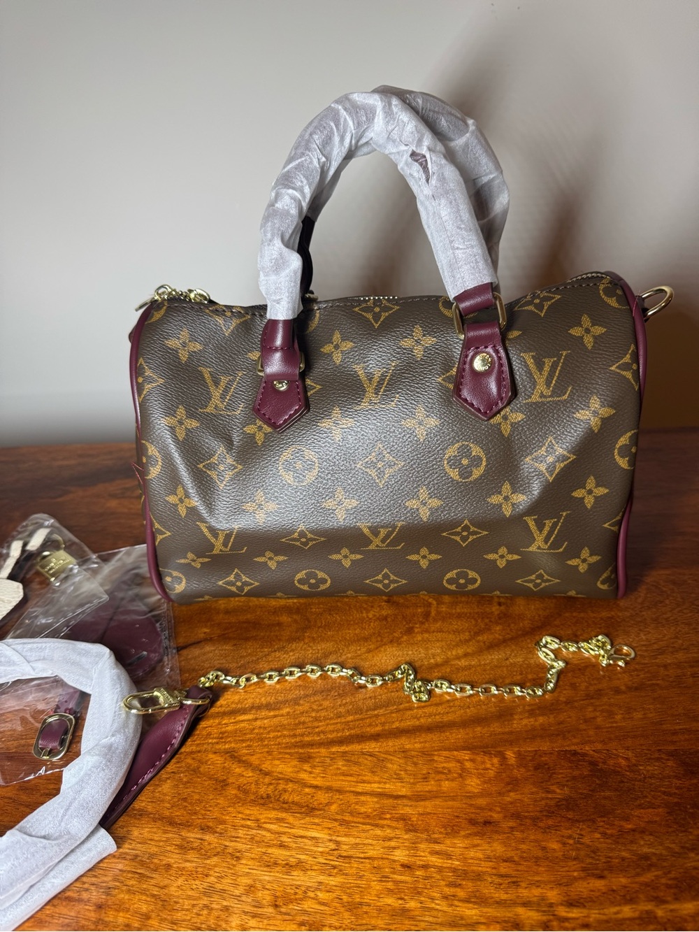 Brown with Burgundy Trim Satchel Bag. No Brand.